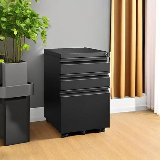3 Drawer File Cabinet for Home Office, under Desk Mobile Filing Cabinet with Lock for A4-Size/Letter-Size/Legal-Size, Black (HSEJ-3D)-1