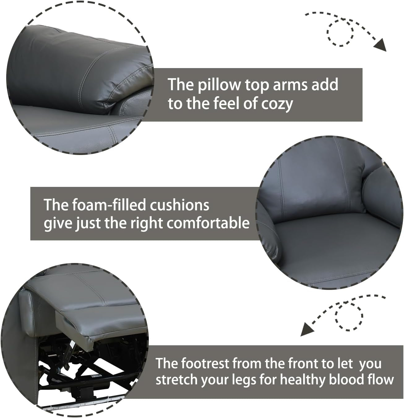Leather Power Recliner Sofa Set with LED, Power Reclining Living Room Set, Leather Sofa Couch Set with USB Port/Cup Holder/Storage (Leather Sofa and Chair Set, Dark Grey)-4