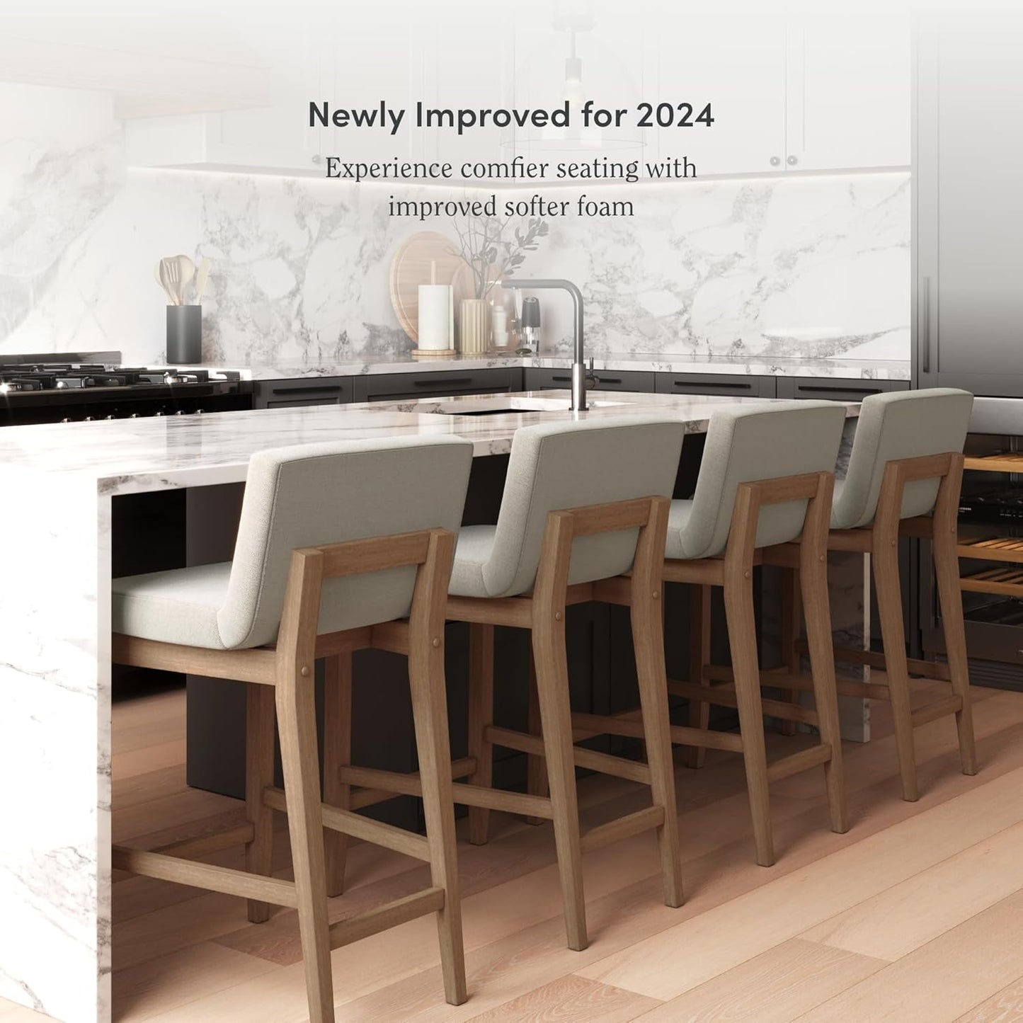 Gracie Modern Counter Height Bar Stool with Back, Counter Stool Upholstered Chair with Natural Flax White Fabric and Brushed Wooden Legs, Natural Flax/Brown, Set of 4-2