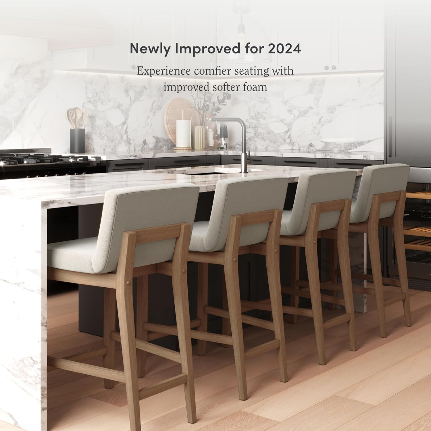 Gracie Modern Counter Height Bar Stool with Back, Counter Stool Upholstered Chair with Natural Flax White Fabric and Brushed Wooden Legs, Natural Flax/Brown, Set of 4-2