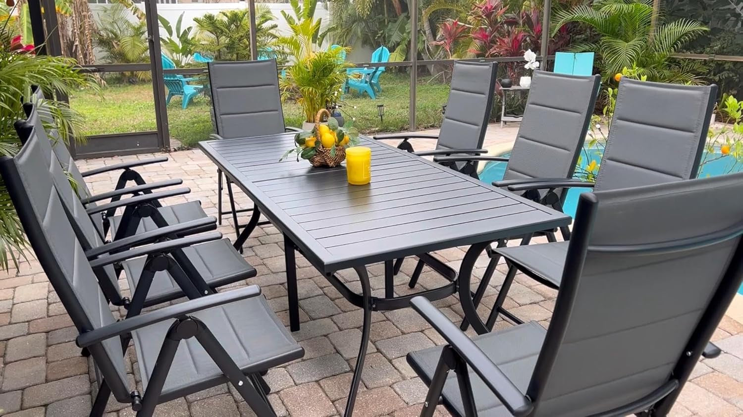 9 Pieces Outdoor Patio Dining Set with 8 Folding Portable Chairs and 1 Rectangle Aluminum Table, Foldable Adjustable High Back Reclining Chairs with Soft Cotton-Padded Seat, Grey-0