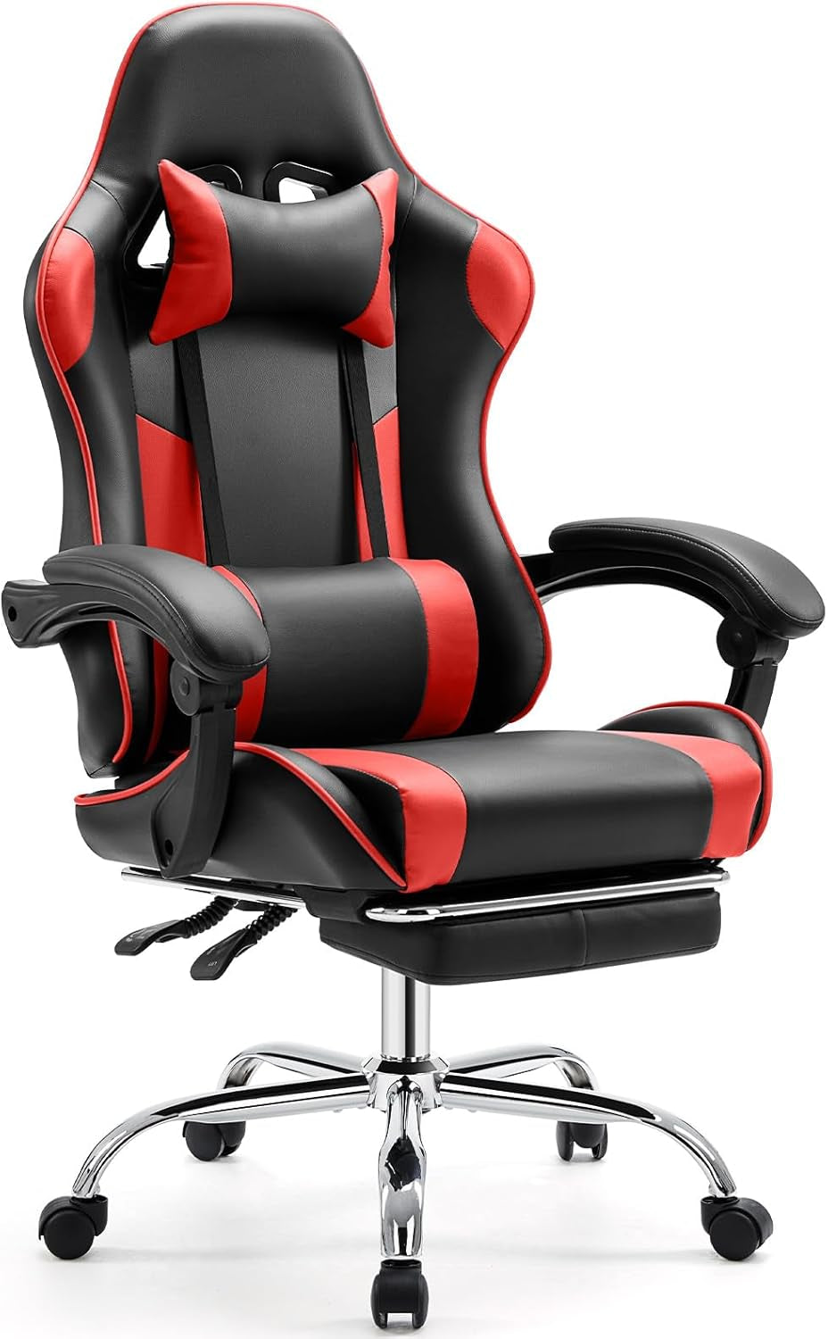 Video Game Desk Chair - Ergonomic Computer with Footrest and Comfy Lumbar Support, PU Leather Recliner with Headrest, Fixed up Armrest, Height Adjustable with 360° Swivel, for Adults, Red-0