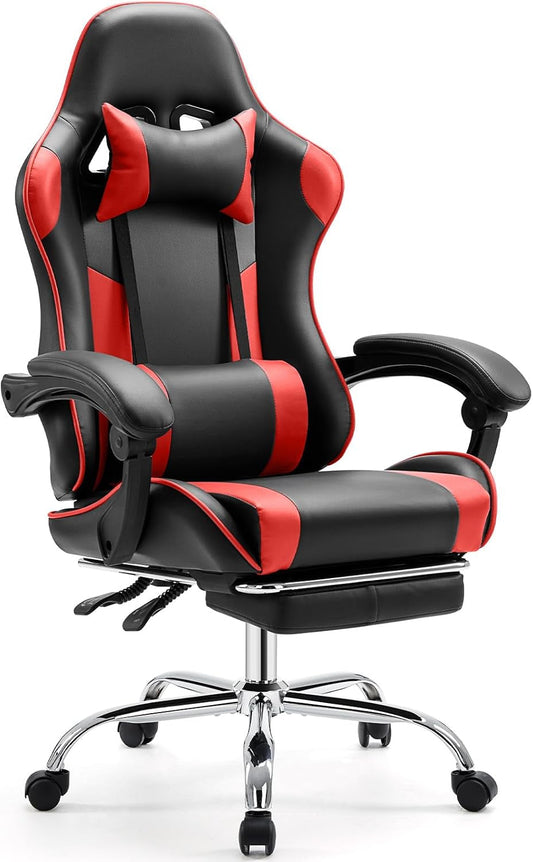 Video Game Desk Chair - Ergonomic Computer with Footrest and Comfy Lumbar Support, PU Leather Recliner with Headrest, Fixed up Armrest, Height Adjustable with 360° Swivel, for Adults, Red-0