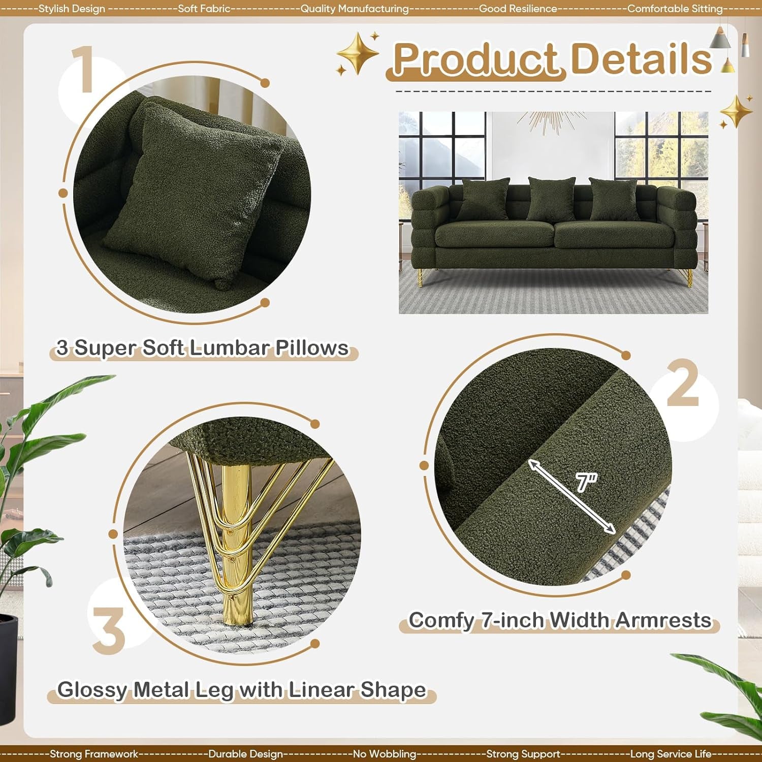 2 Piece Living Room Sofa Set, Comfy Boucle Couch with Loveseat and 3 Seater, Upholstered Sofa Couch with 2 Pillows and Deep Seat Design for Office, Waiting Room, Green Teddy-3