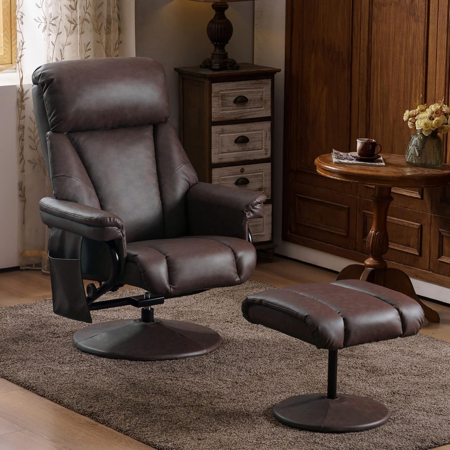 Swivel Recliner with Ottoman, TV Chair with Vibration Massage, Ideal for RV Small Space, Living Room & Bedroom 4539 4828 (Faux Leather, Dark Brown)-1