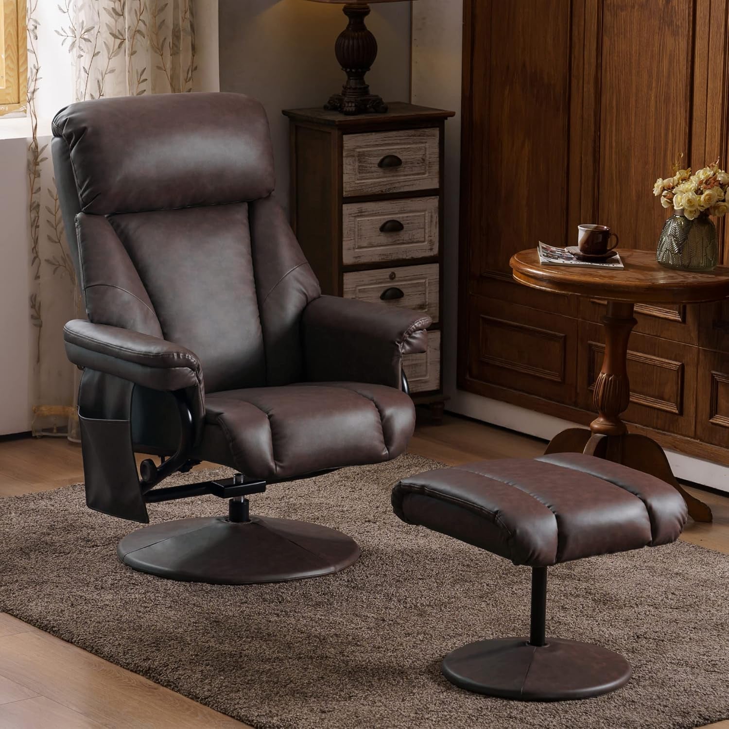 Swivel Recliner with Ottoman, TV Chair with Vibration Massage, Ideal for RV Small Space, Living Room & Bedroom 4539 4828 (Faux Leather, Dark Brown)-1