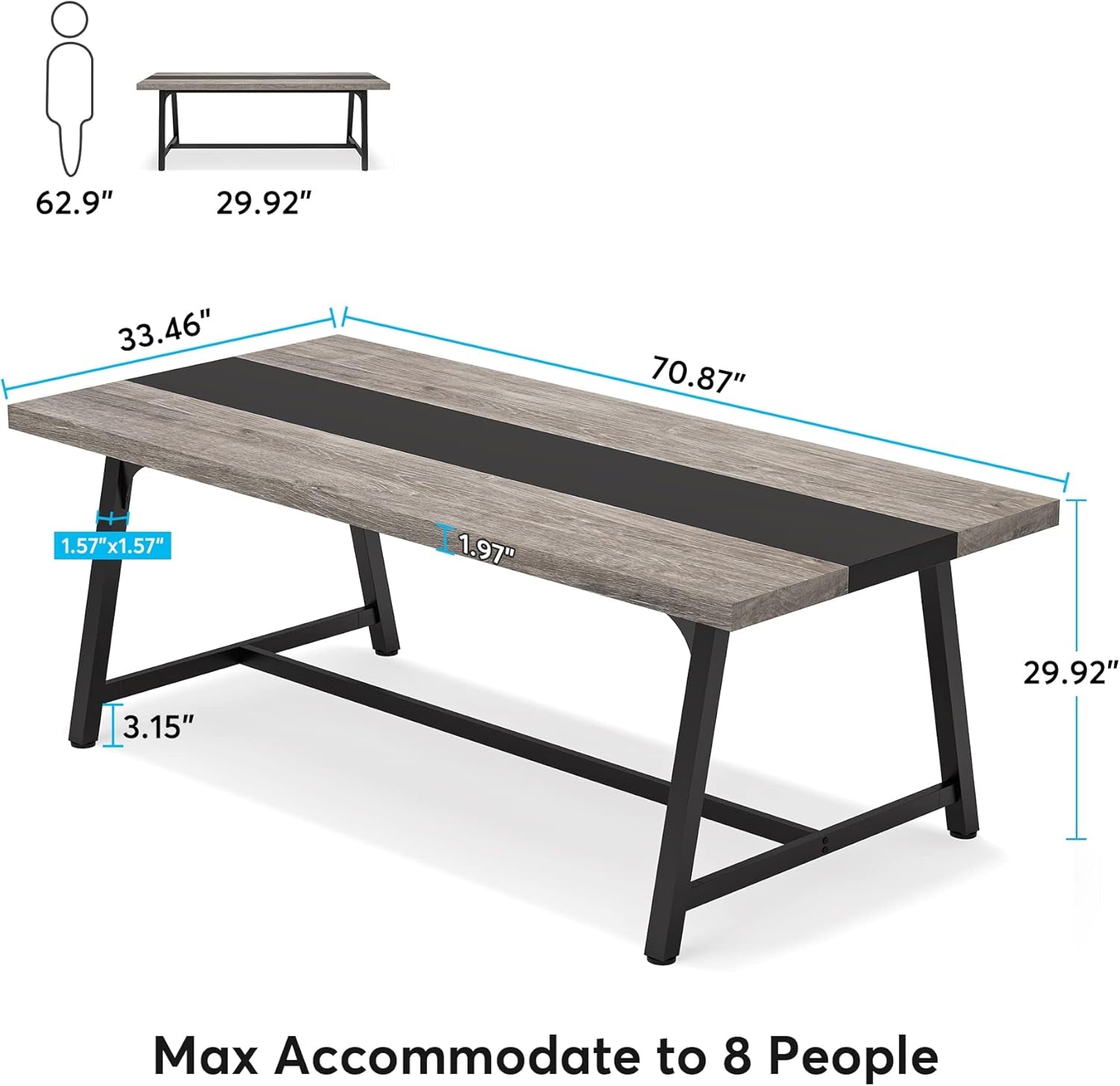 Dining Table for 8 People, 70.87-Inch Rectangular Wood Kitchen Table with Strong Metal Frame, Industrial Large Long Dining Room Table for Big Family (Gray, No Chair)-1