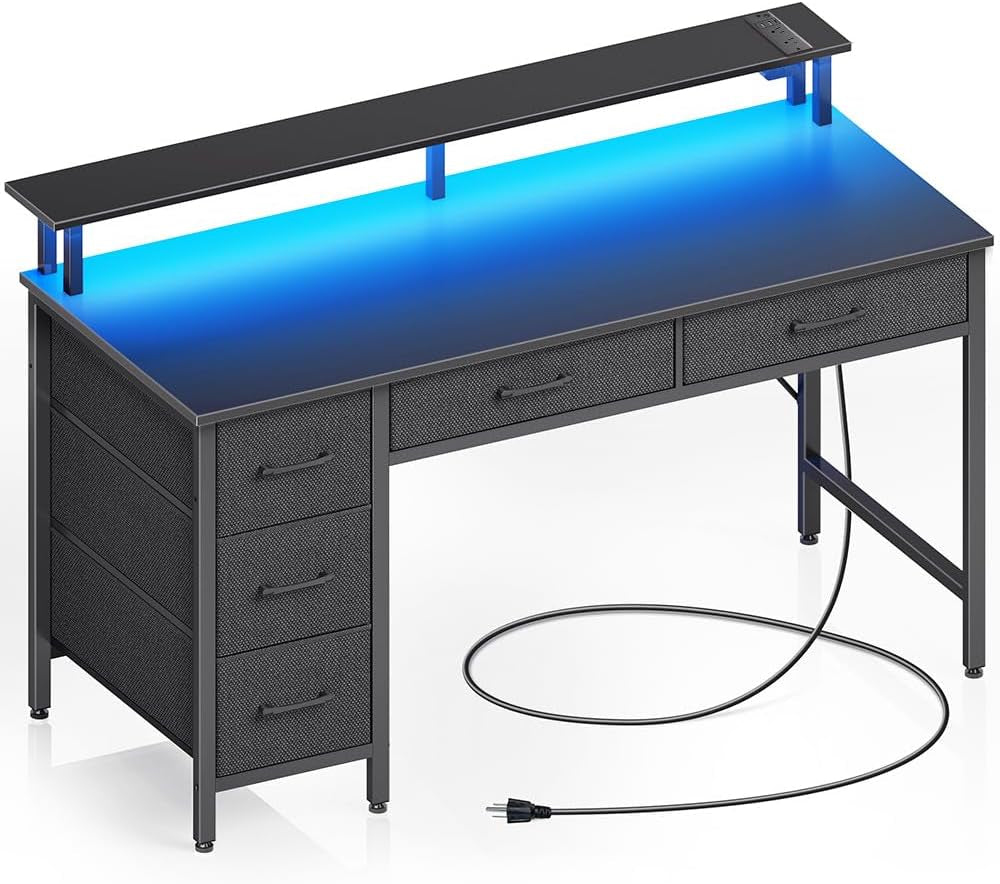 Computer Desk with Power Outlets & LED Light, 39 Inch Home Office Desk with 5 Drawers, Writing Desk with Monitor Stand,Work Desk for Home Office, Black-0