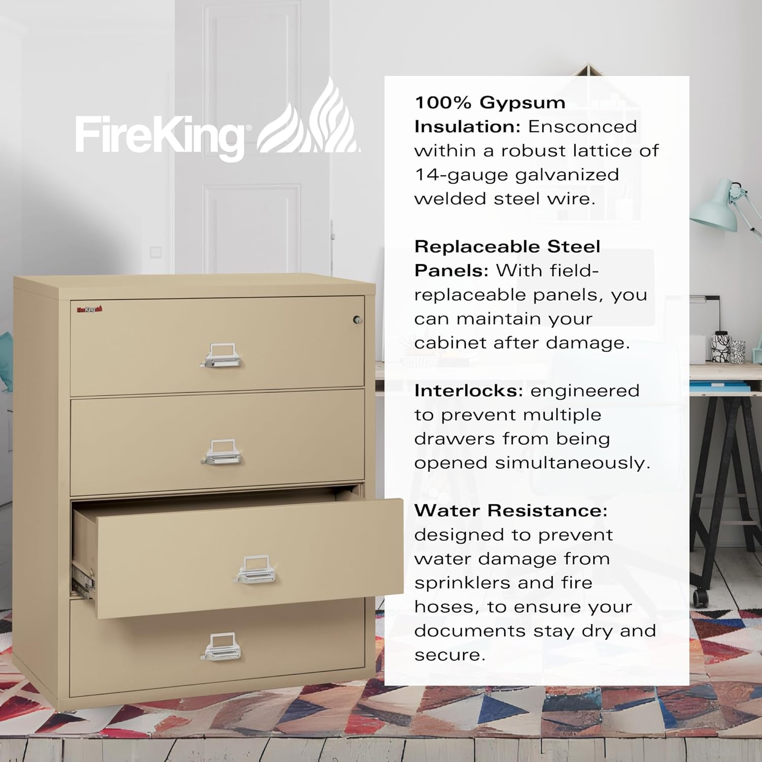 Lateral 4 Drawer Legal and Letter Fire Safe File Cabinet with Key Lock, 1 Hour Fire Rated, UL Rated & Water Resistant Home Safe, Filing Cabinet, Made in the USA, Parchment-4