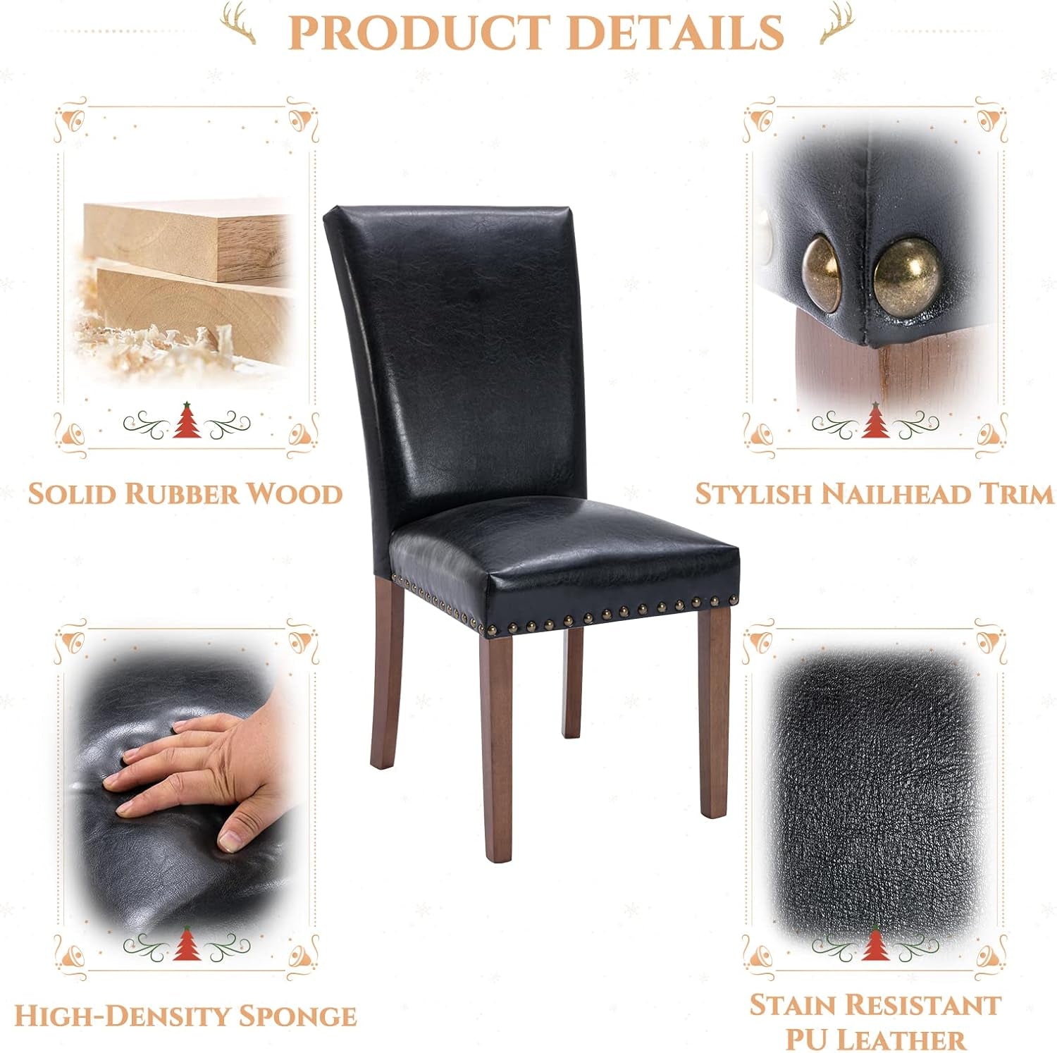 Parsons Dining Chairs Set of 4, Upholstered Nailhead PU Leather Dining Room Kitchen Side Chair with Thick Cushions and Wood Legs, Black-4