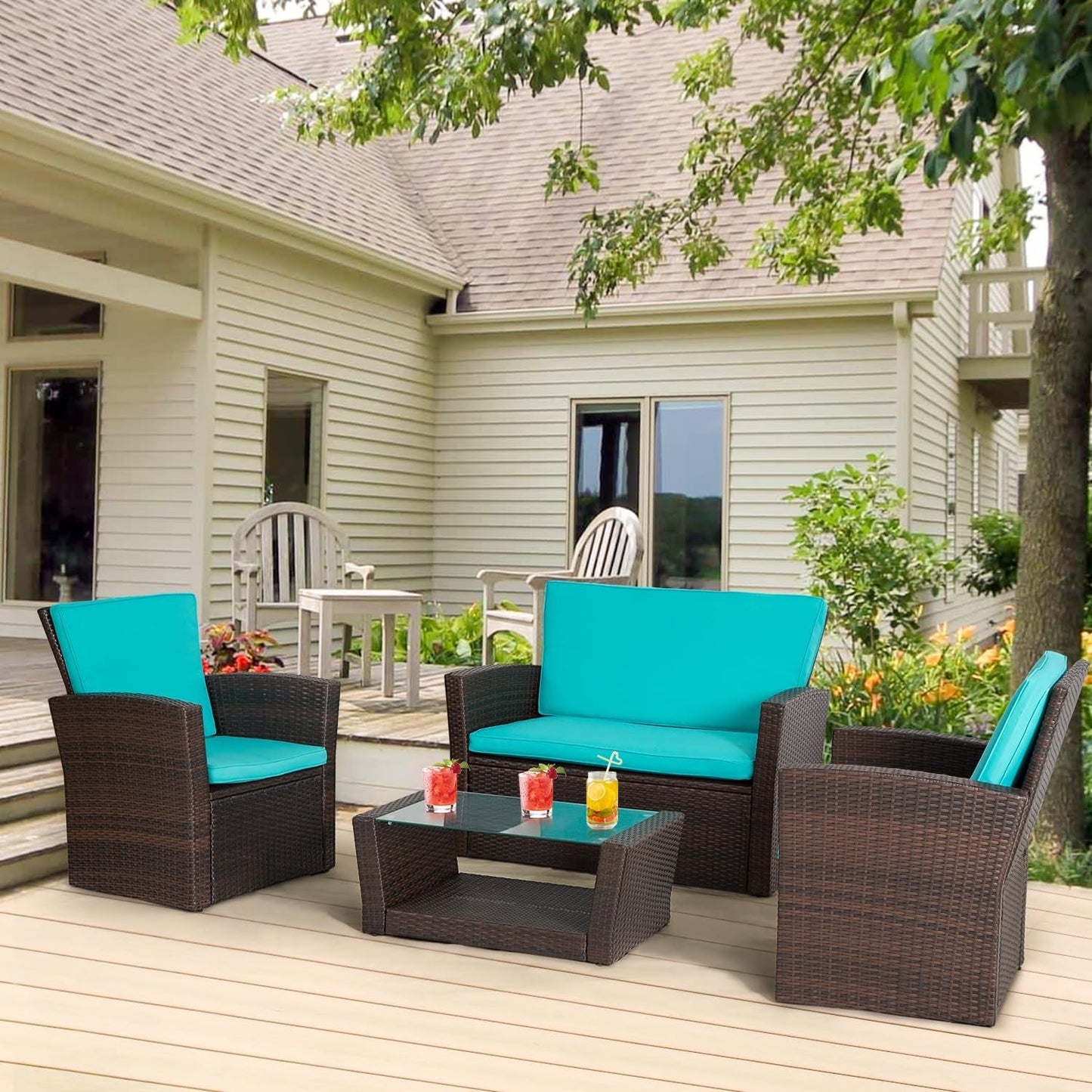 4 Piece Patio Furniture Sets, Wicker Conversation Set 4-1