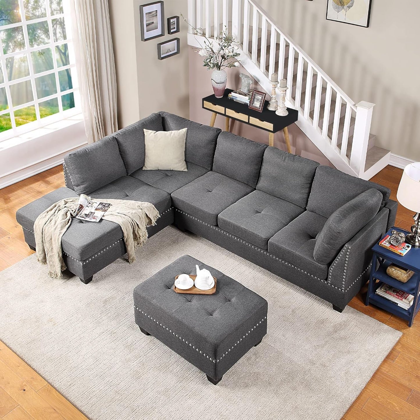 Sectional Sofas 3-Seat Sofa Sectional Sofa Couches with Reversible Chaise Storage Ottoman and 2 Cup Holders, Sofa Lounge and Ottoman for Living Room Furniture-3