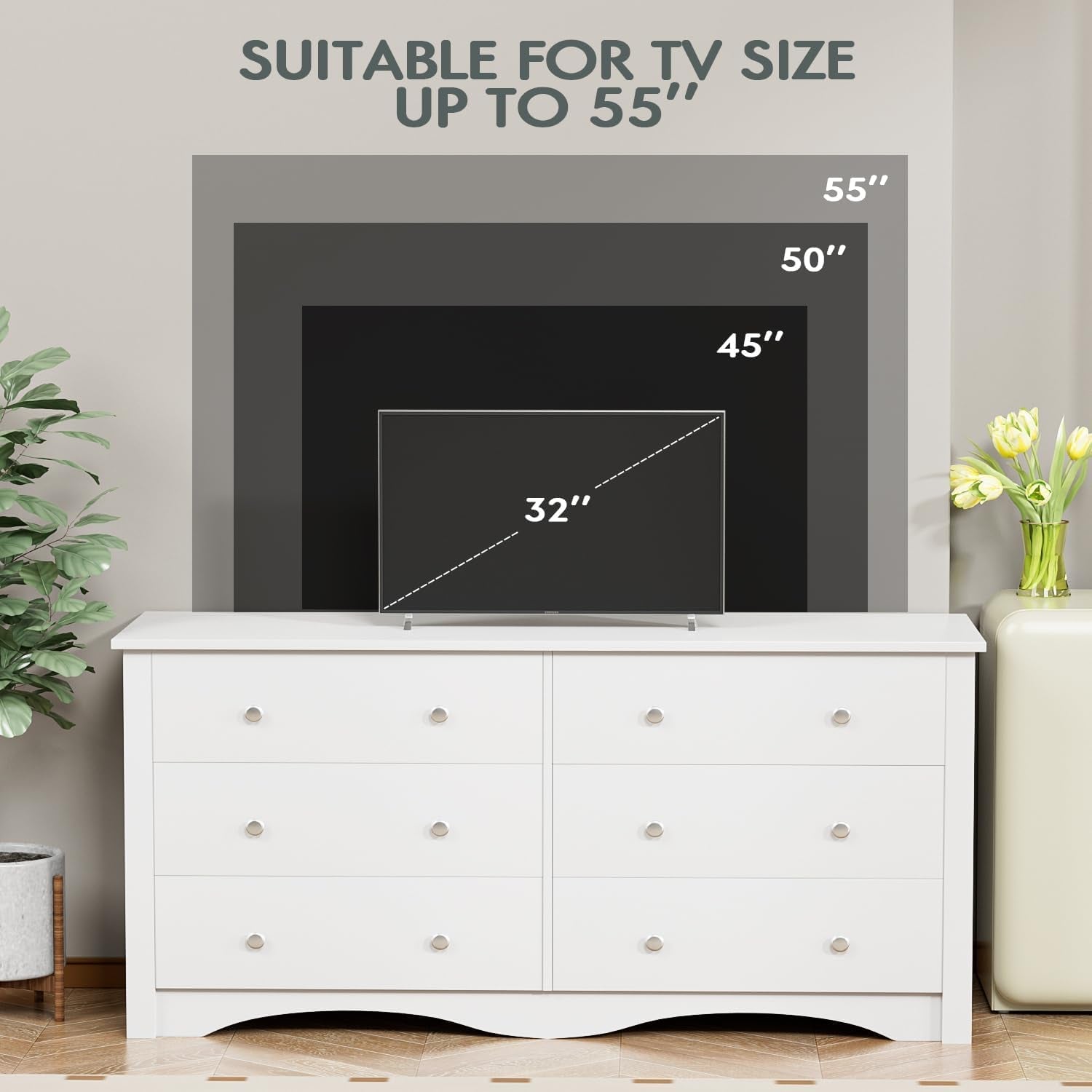 Dresser with 6 Drawer, Wood Wide Chest Storage Organizer and TV Stand for Living Room, Hallway, Dormitory, White-2