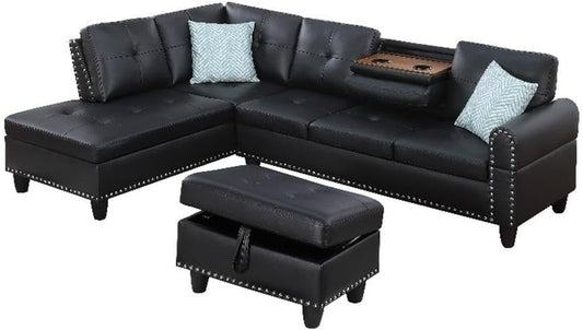 Transitional PU Faux Leather Sectional Sofa with Lift-Top Storage Ottoman, for Living Room in Black Finish-0