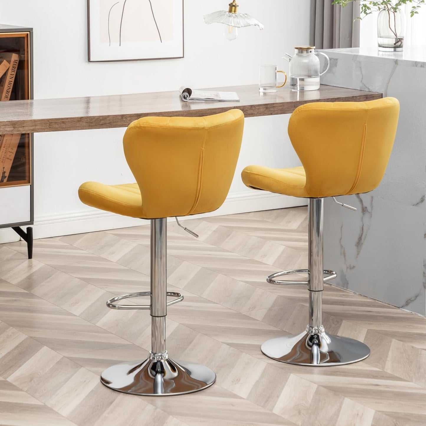 Ellston Velvet Adjustable Swivel Barstools in Yellow, Set of 2-3