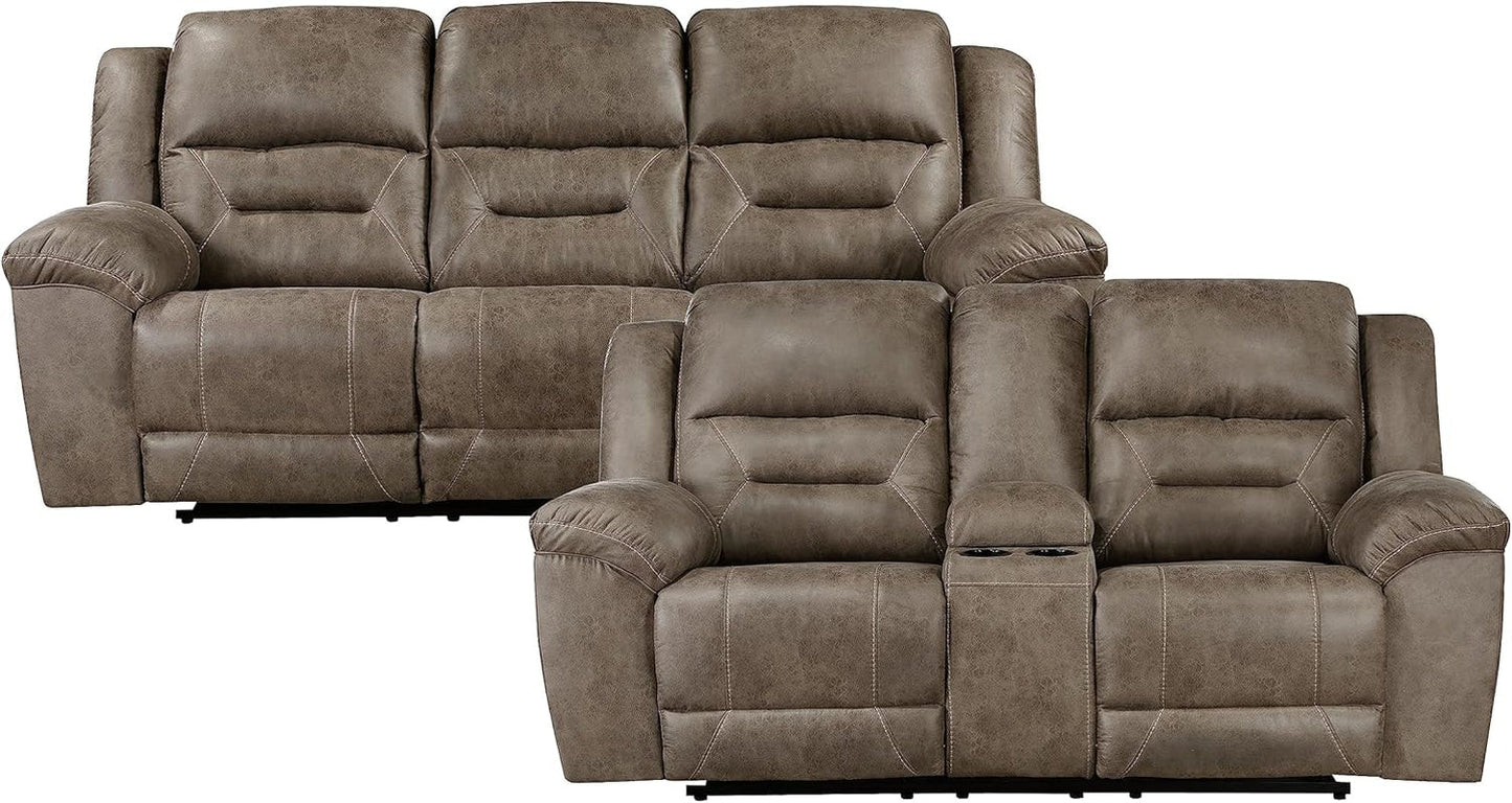 Reclining Living Room Set, Wall Hugger Manual Reclining Sofas, Couches for Living Room, Home Theater Seating, Includes Dual Reclining Sofa and Loveseat, 2-Piece Set, Brown-2