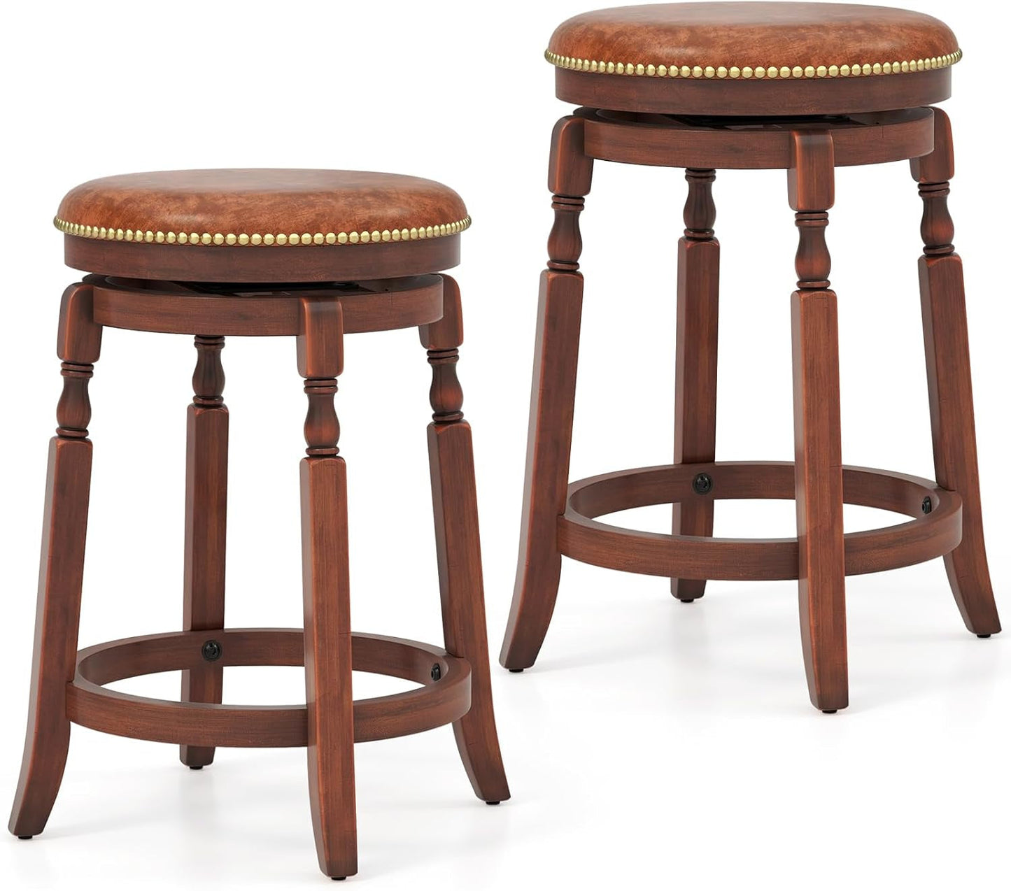 24" Swivel Bar Stools Set of 2, Farmhouse Counter Height Stools with Upholstered Seat & Rubber Wood Frame, round Backless Kitchen Stools, Barstools for Kitchen Island/Breakfast Nook, Walnut-0