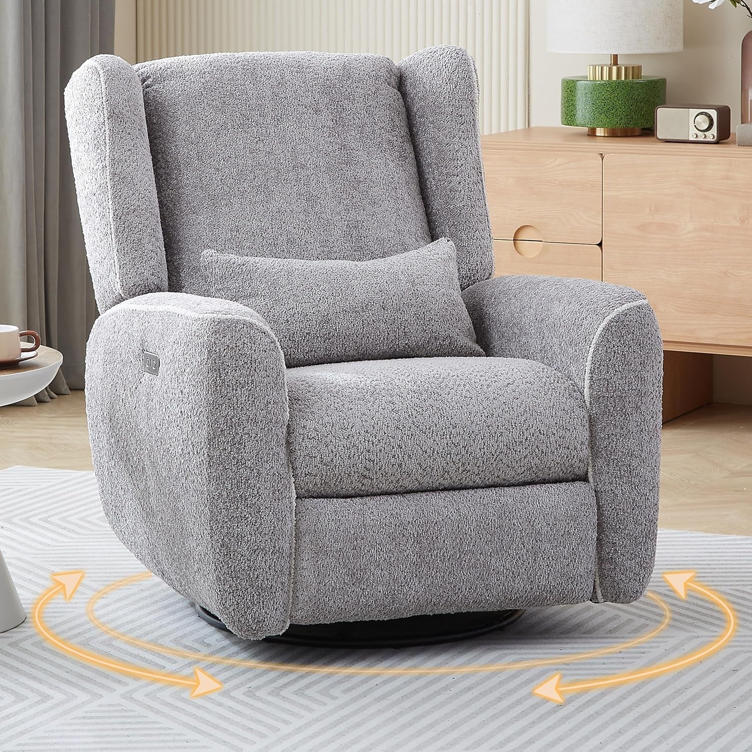 Power Recliner Chair Swivel Glider Rocker Recliner Electric Boucle Glider Recliner Nursery Swivel Rocking Power Reclining Chair with Upholstered Cushion,Type-C Port,Usb Port for Living Room Gray-0