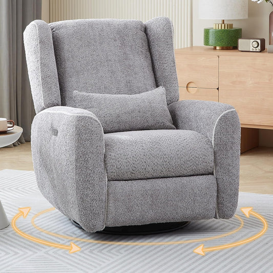 Power Recliner Chair Swivel Glider Rocker Recliner Electric Boucle Glider Recliner Nursery Swivel Rocking Power Reclining Chair with Upholstered Cushion,Type-C Port,Usb Port for Living Room Gray-0