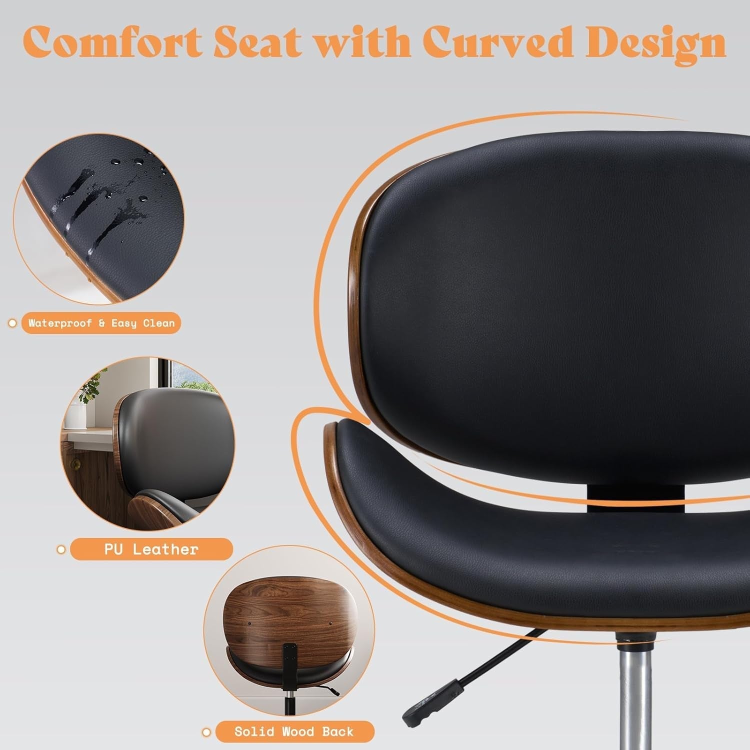 Home Office Chair Set of 2, PU Leather Desk Chair, Modern Swivel Chair with Curved Back, Armless Desk Chair with Wheels for Home Office, Black-3
