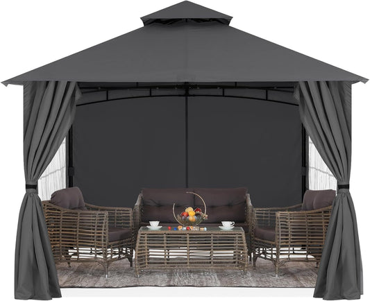 Patio Gazebo Steel Frame Outdoor Gazebo with Windows Curtains-1