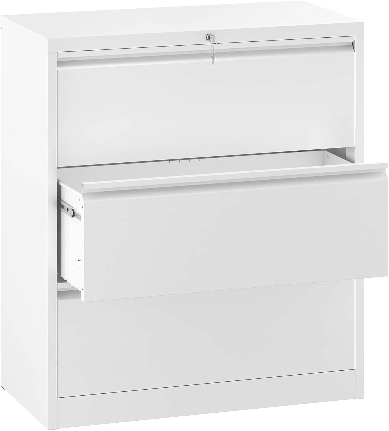 3 Drawer Lateral File Cabinet with Lock, Metal Stainless Steel Wide Lateral Filing Cabinet for Legal/Letter A4 Size, Office Organizer Storage Cabinet,White-0