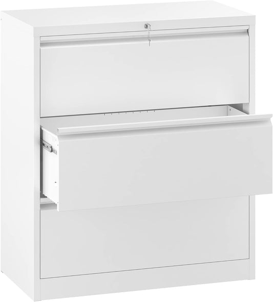 3 Drawer Lateral File Cabinet with Lock, Metal Stainless Steel Wide Lateral Filing Cabinet for Legal/Letter A4 Size, Office Organizer Storage Cabinet,White-0