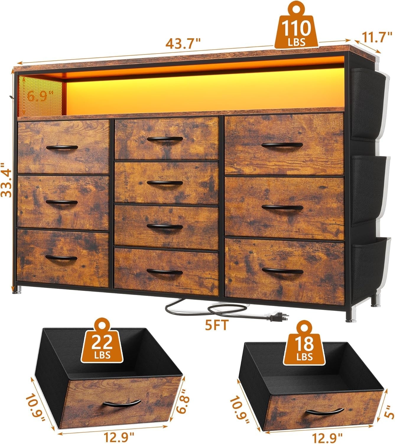 Dresser for Bedroom with 10 Fabric Drawers, Dresser with LED Lights & Power Outlets, 55" TV Stand Dresser with Side Pockets and Wood Open Shelves for Bedroom, Entryway, Rustic Brown-2