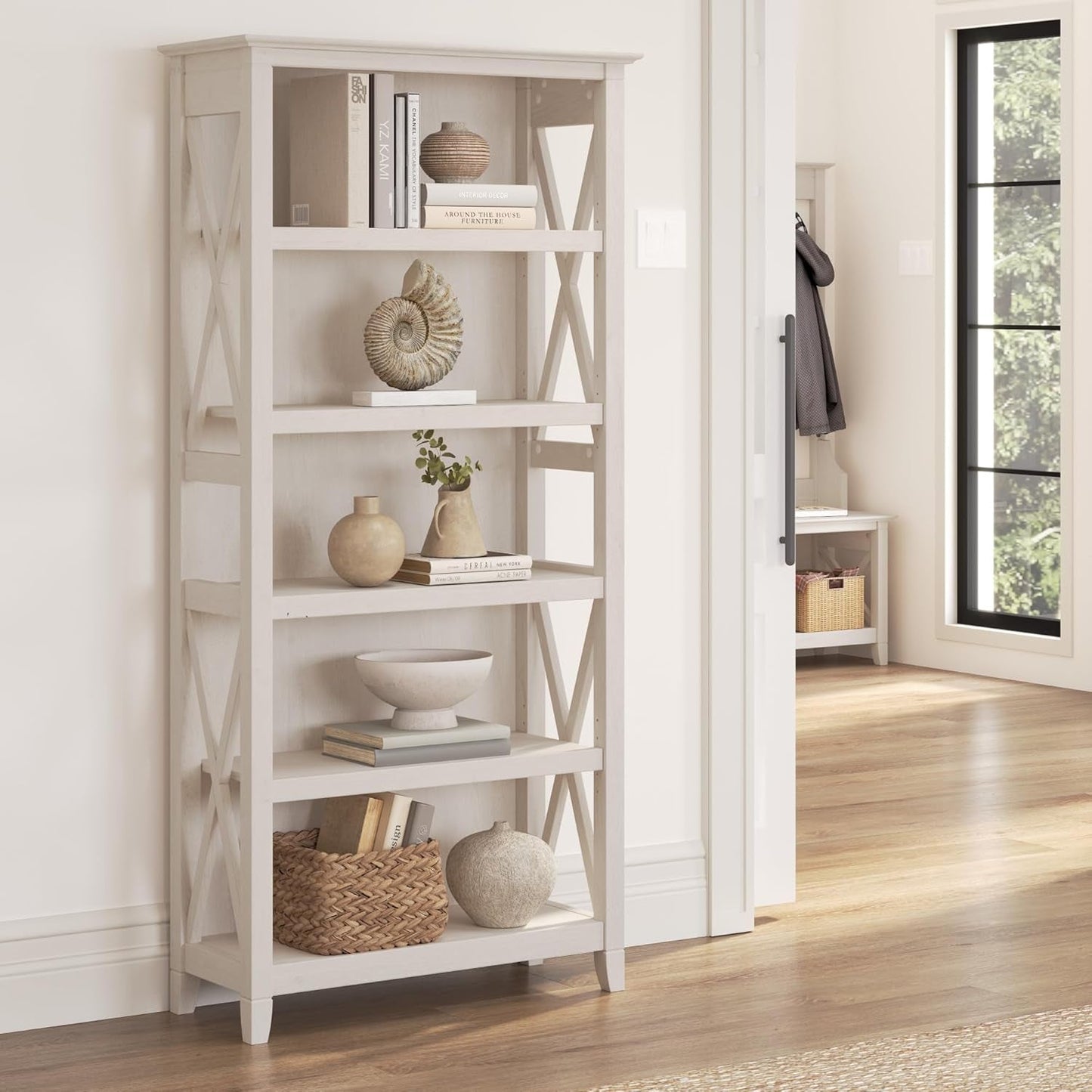 Bush Furniture Tall 5 Shelf Bookcase for Living Room or Home Office, Large Bookshelf, Modern Farmhouse Style, Key West Collection, Linen White Oak-1