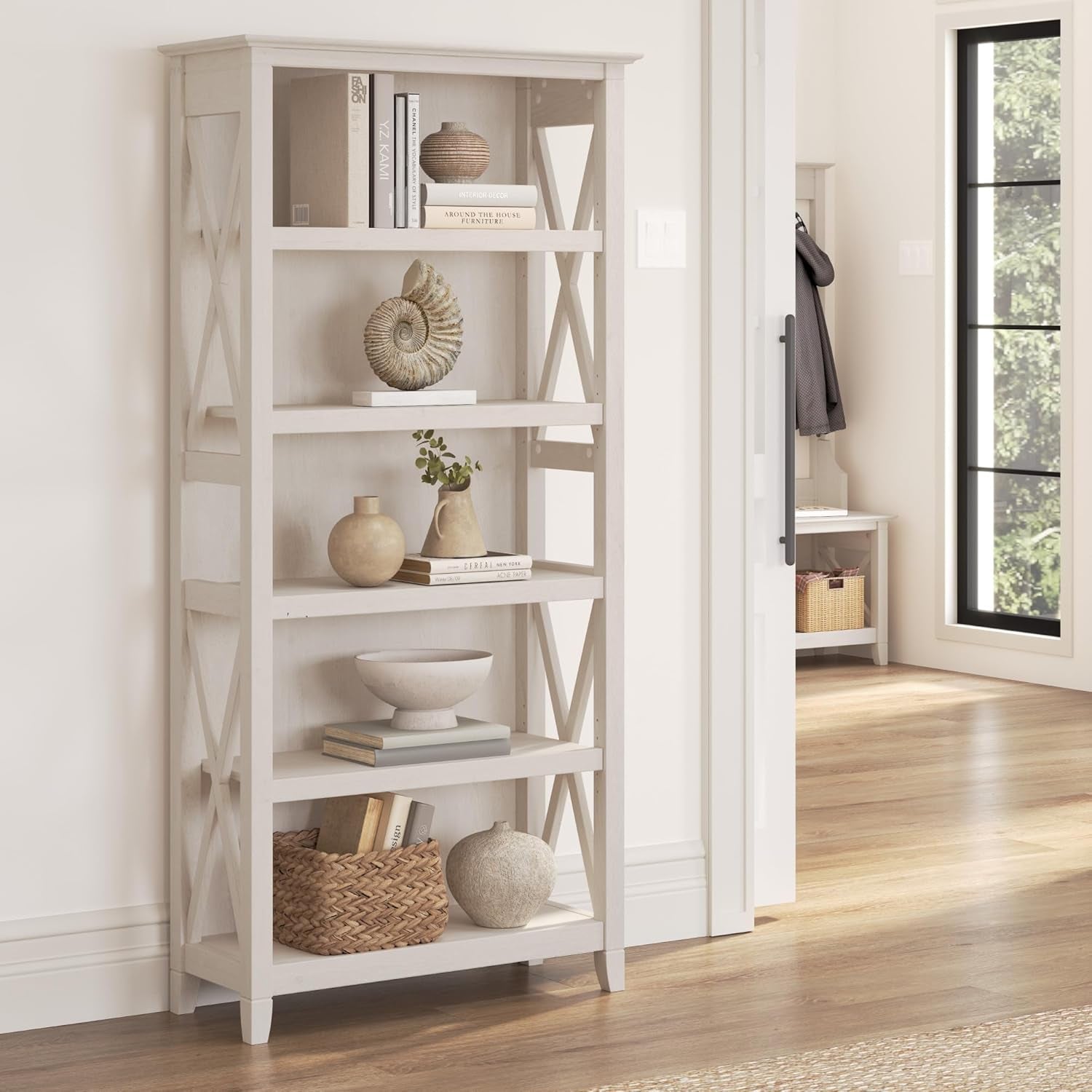Bush Furniture Tall 5 Shelf Bookcase for Living Room or Home Office, Large Bookshelf, Modern Farmhouse Style, Key West Collection, Linen White Oak-1