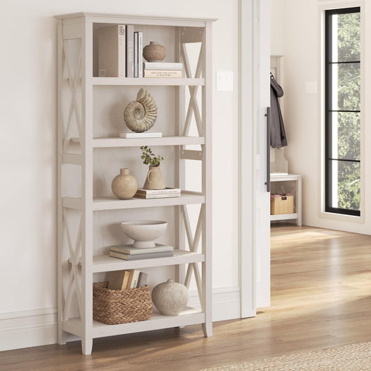 Bush Furniture Tall 5 Shelf Bookcase for Living Room or Home Office, Large Bookshelf, Modern Farmhouse Style, Key West Collection, Linen White Oak-1