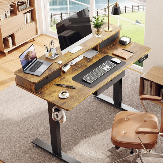 Standing Desk with 3 Drawers and Raised Storage Shelf, Electric Height Adjustable Sit Stand Table, Ergonomic Office Computer Desks for Workstation, Home, Study, Writing, Gaming, 47.2 Inch, Brown-1