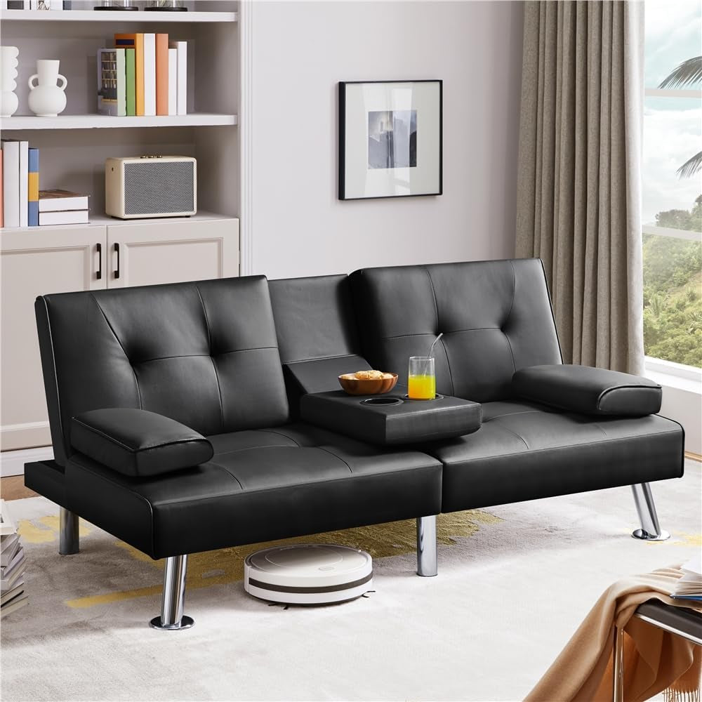 Convertible Sofa Bed Adjustable Couch Sleeper Modern Faux Leather Recliner Reversible Loveseat Folding Daybed Guest Bed, Removable Armrests, Cup Holders, 3 Angles, 772Lb Capacity, Black-0