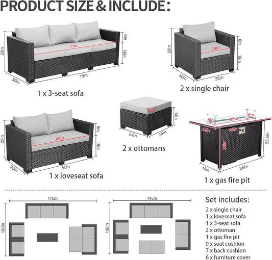 7 PCS Outdoor Furniture Sets 60000BTU 45-Inch Outdoor Propane Fire Pit Table Patio Furniture Set No-Slip Cushions and Waterproof Covers, Light Grey-1