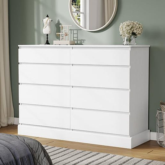 8 Drawers Dresser for Bedroom, White Large Chest of Drawers, Long Modern Double Dressers, Big Clothing Storage Organizer Closet with Ample Space, 51.6''L X 15.7''D X 37.7''H-0