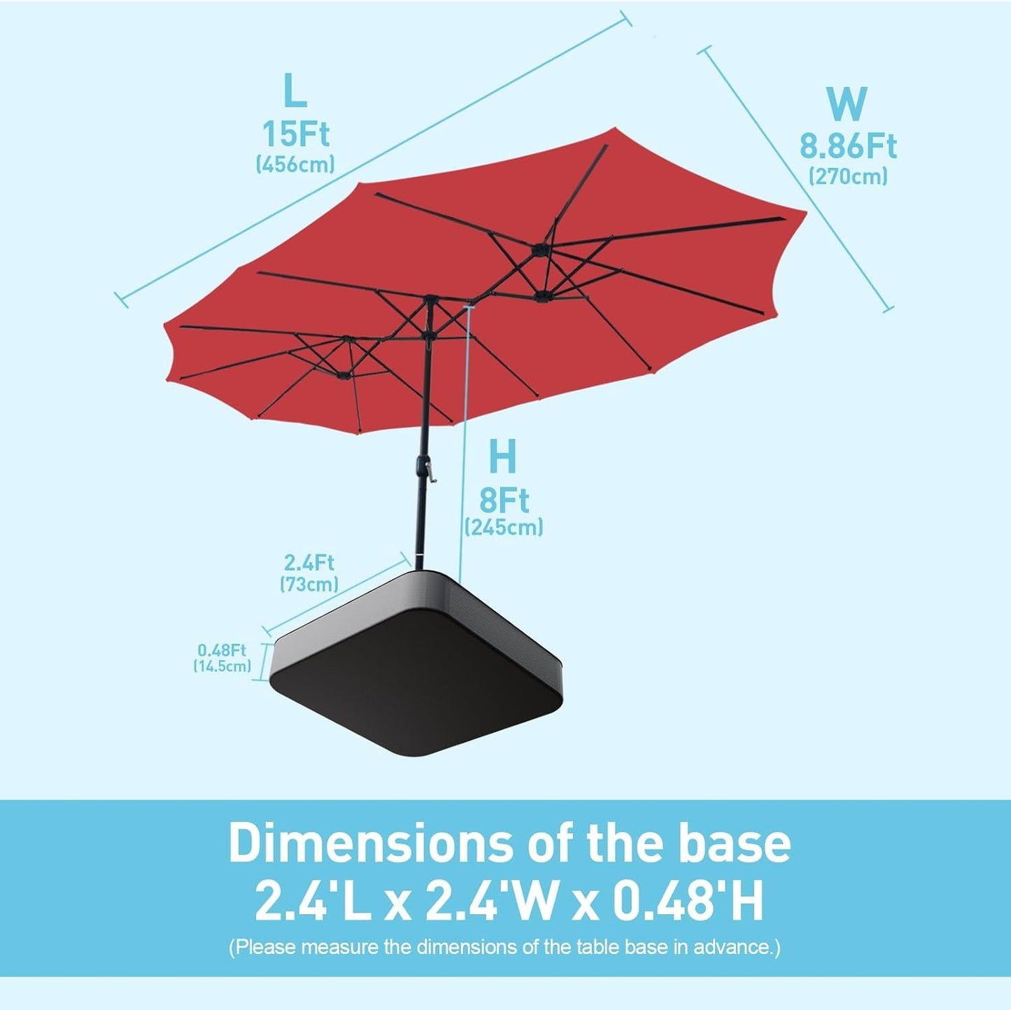 15ft Double Sided Patio Umbrella with Base Red-4