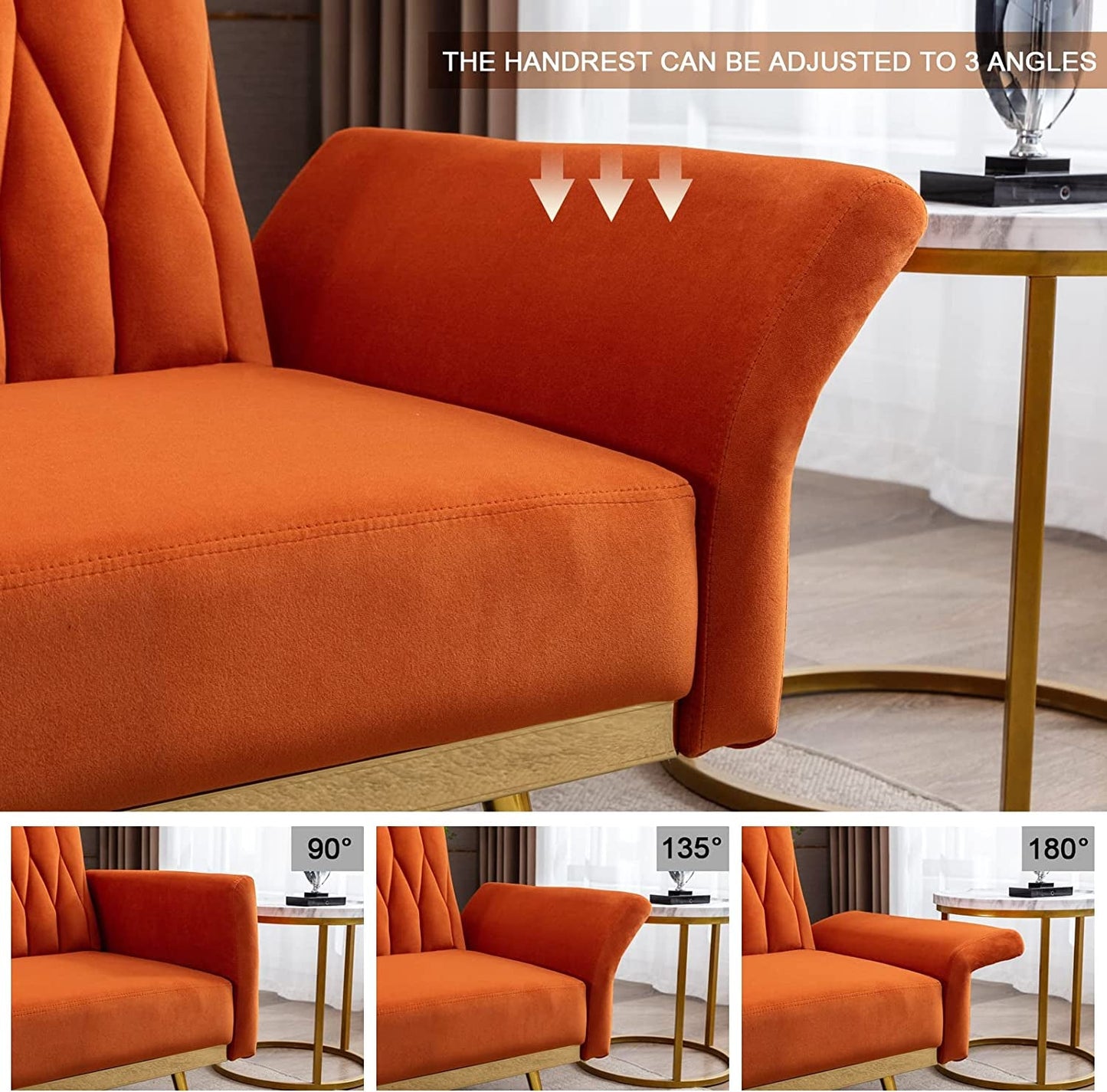 Orange Velvet Chair with Ottoman and Armrests-3