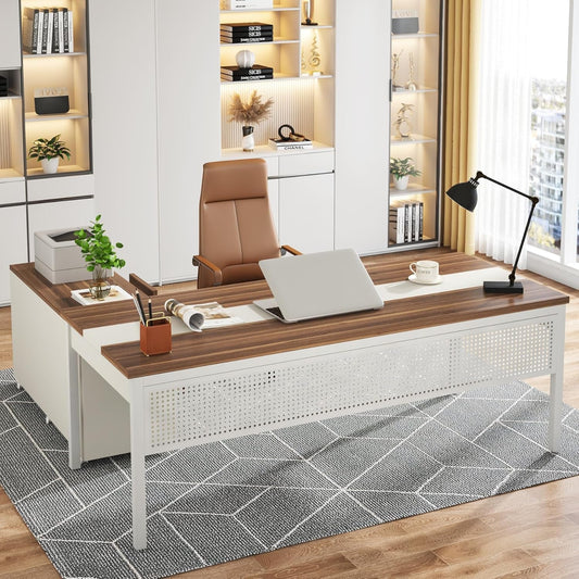 70.8" Large Executive Office Desk and 47" Lateral File Cabinet Combo, L-Shaped Computer Desk 2 Piece Business Furniture with Drawers and Shelves, Home Office Workstation, Walnut & White-0