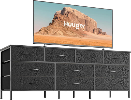 63 Inch TV Stand Dresser for Bedroom, Long Dresser with 10 Fabric Drawers, TV Stand for 55, 65, 70 Inch TV, Entertainment Center, Wide Chest of Drawer, Black-0