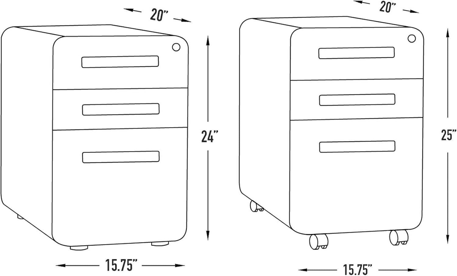 Stockpile 3 Drawer File Cabinet with Lock - under Office Desk Metal Filing Cabinet, Legal/Letter File Folders, Wheels and Stationary Feet, Pre-Assembled, Black-2