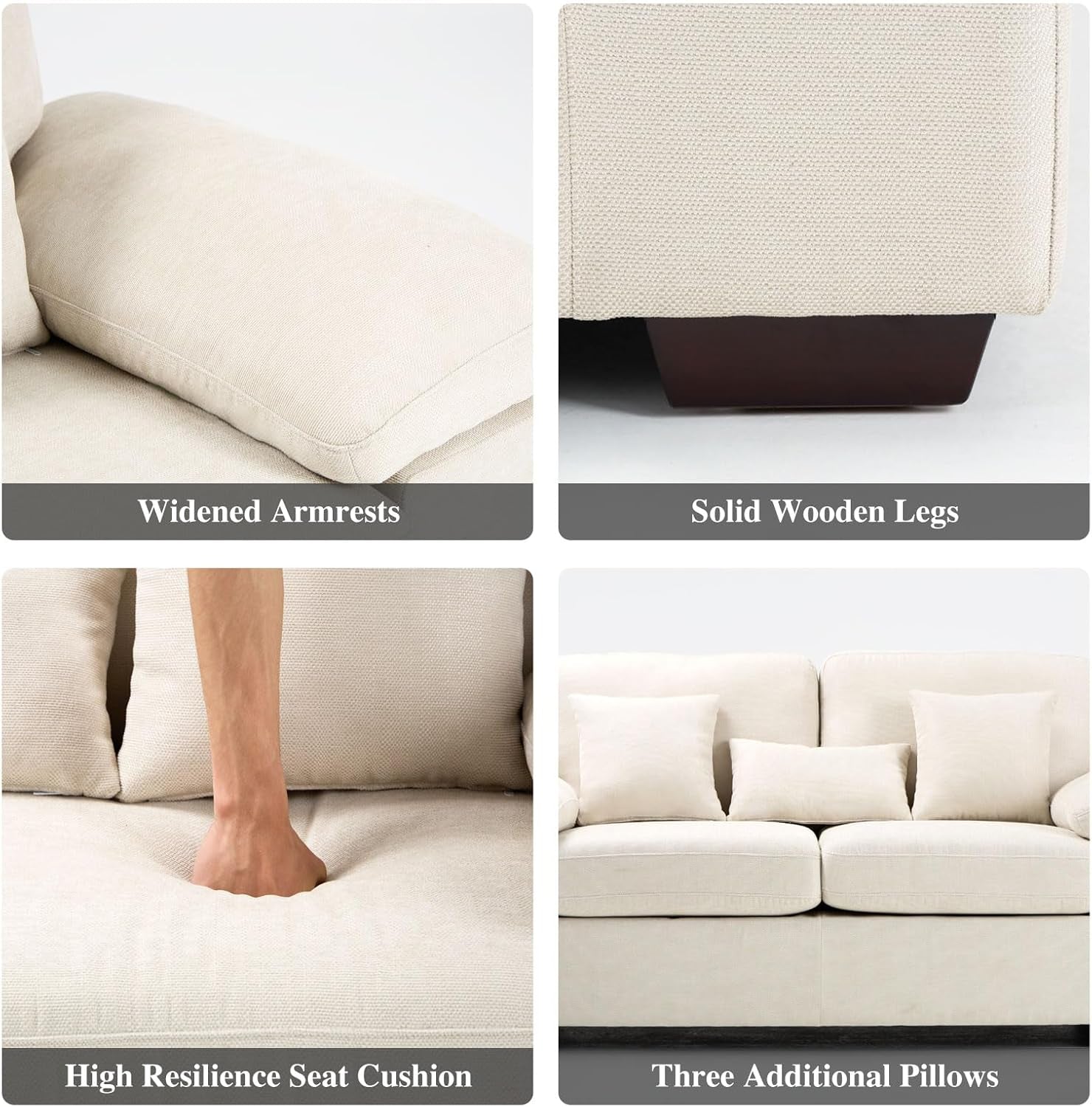 Living Room Loveseat Sofa Couch, 73" Love Seat Couch Sofa, Upholstered Chenille Living Room Sofa with Extra 3 Pillows, Removable Back Cushion-Beige-3