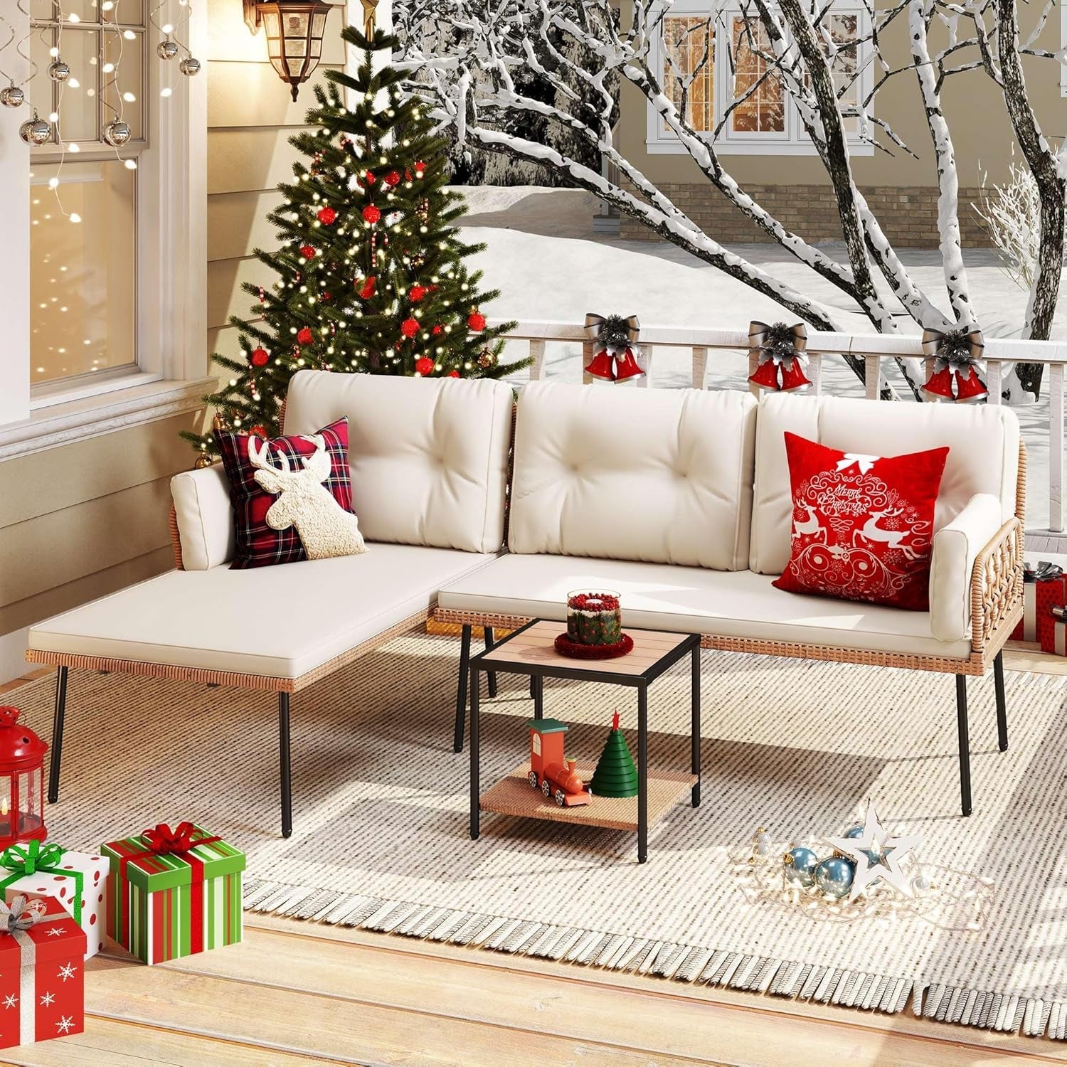 Patio Furniture Set, 3-Piece Outdoor Wicker Conversation Sectional L-Shaped Sofa with 4 Seater for Backyard, Porch, Boho Detachable Lounger with Cushions and Coffee Table - Beige-2