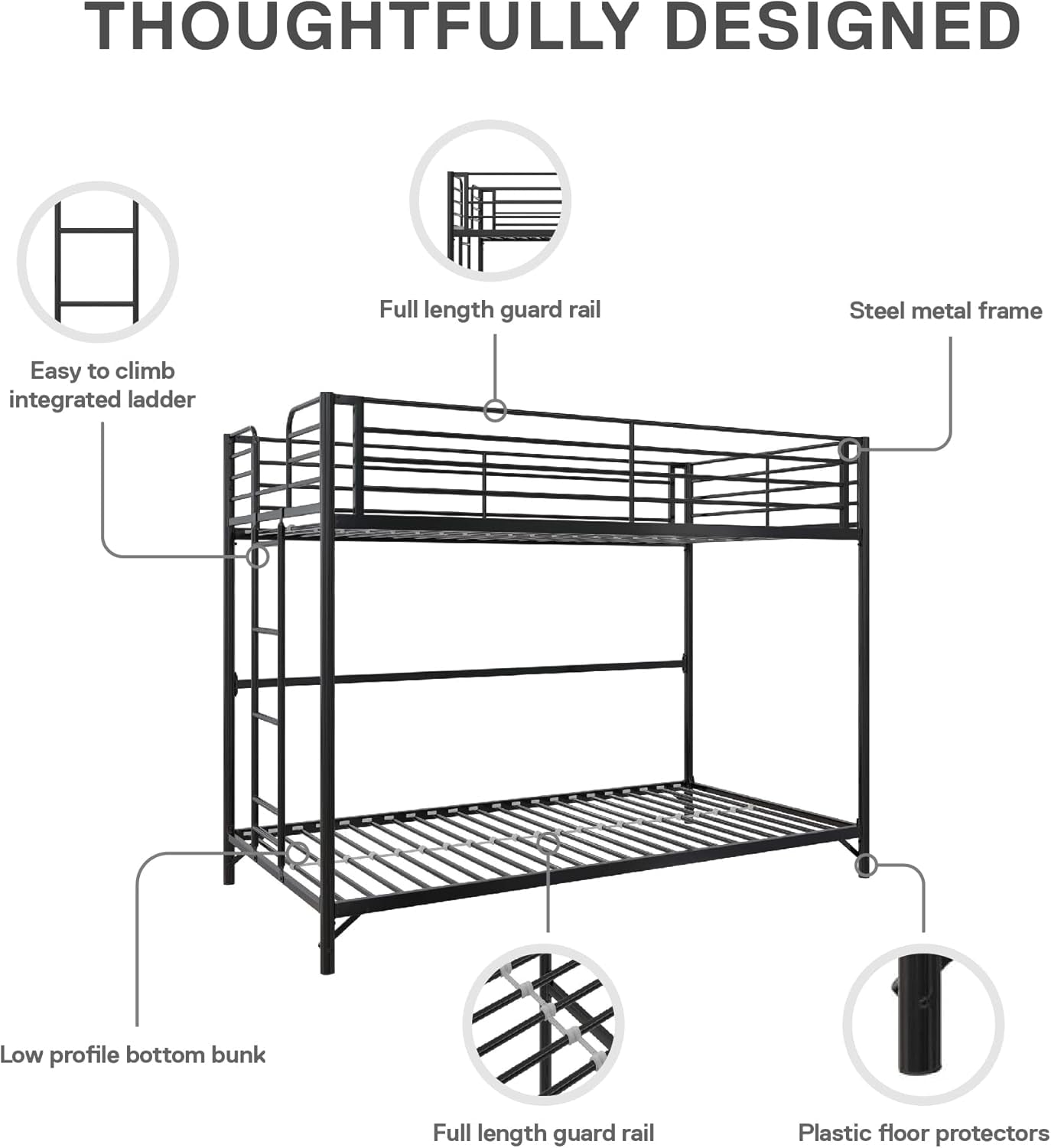 Daven Easy Assembly Metal Bunk Bed for Kids, Teens and Adults, with Ladder, High Guardrail, Metal Slats, Smooth Rounded Edges, No Boxspring Required, Twin-Over-Twin, Black-4