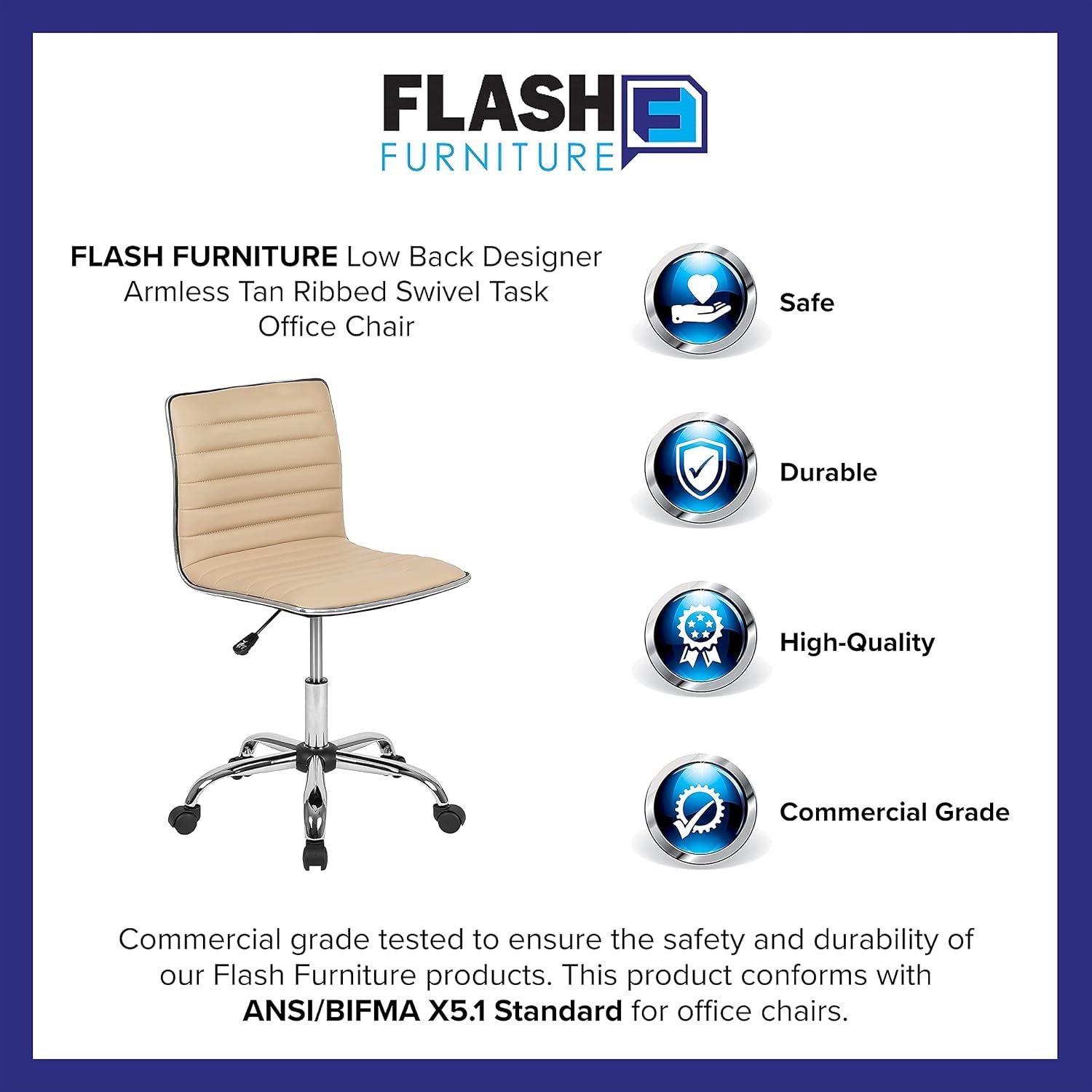 Alan Low Back Designer Armless Tan Ribbed Swivel Task Office Chair-3