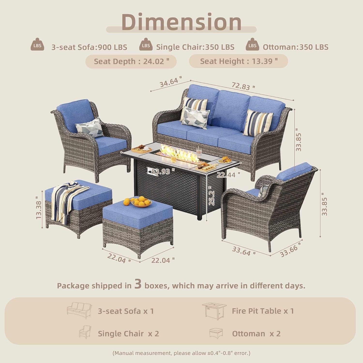 6 Pieces Outdoor Patio Furniture Set with 53" Fire Pit Table Rattan Sectional Conversation Sets W/Gas Fire Pit, 2 Ottomans, Gray Wicker/Blue-1