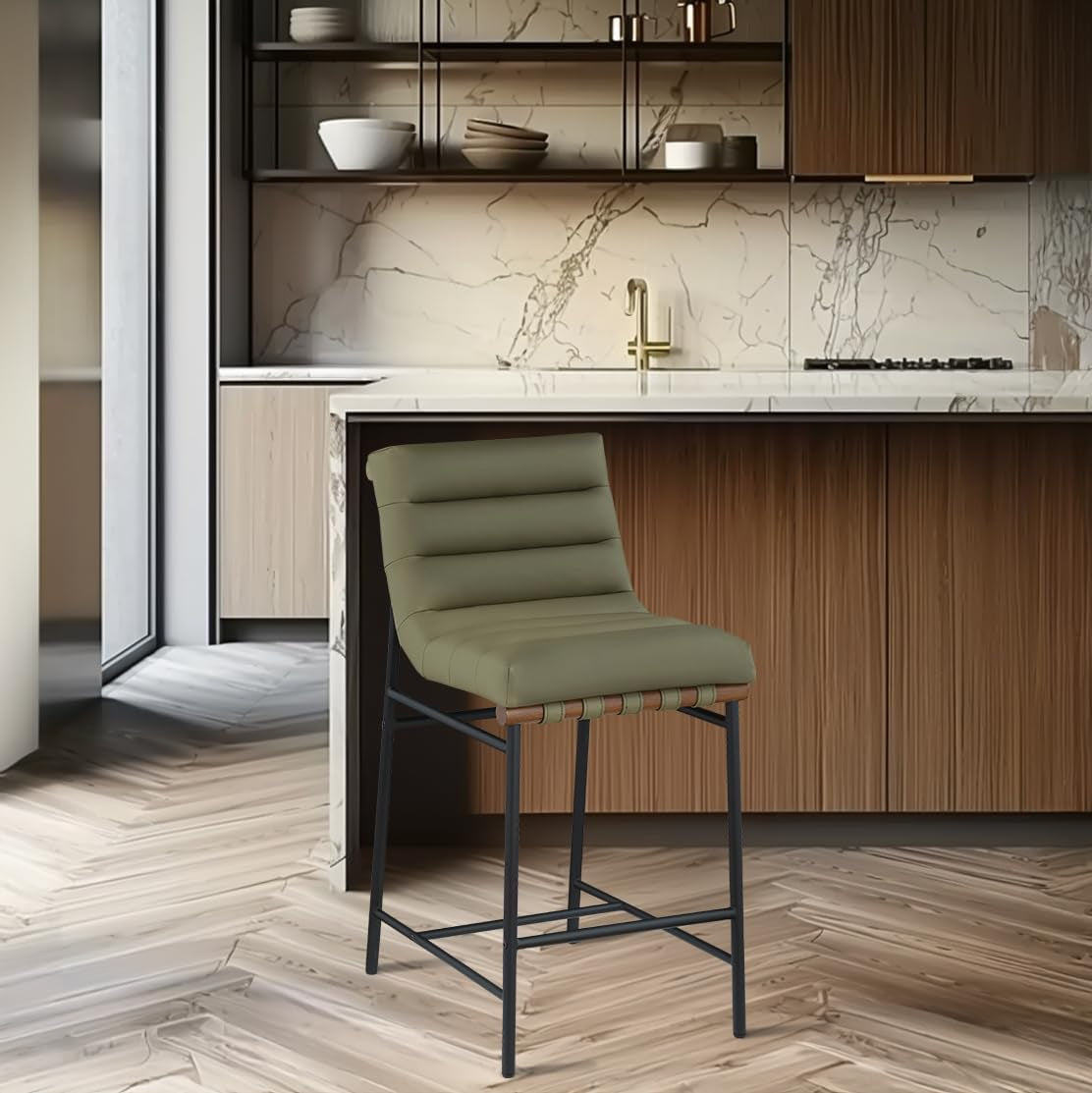 813Olive-C Burke Collection Modern | Contemporary Counter Stool with Soft Olive Green Vegan Leather, Vegan Leather Straps, Matte Black Metal Frame, 18" W X 24" D X 37.5" H, Green-1