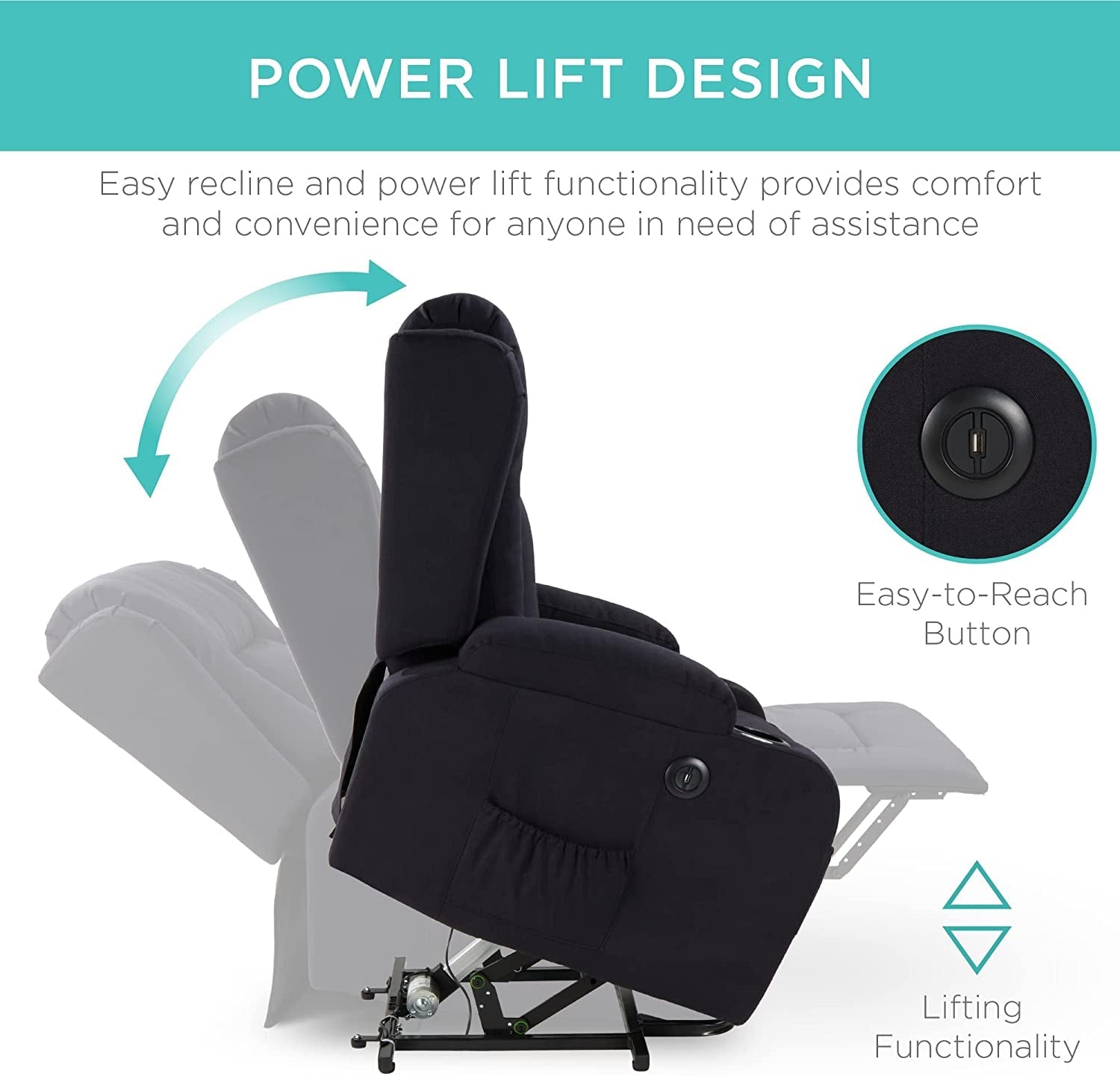 Electric Power Lift Linen Recliner Massage Chair (Black)-2