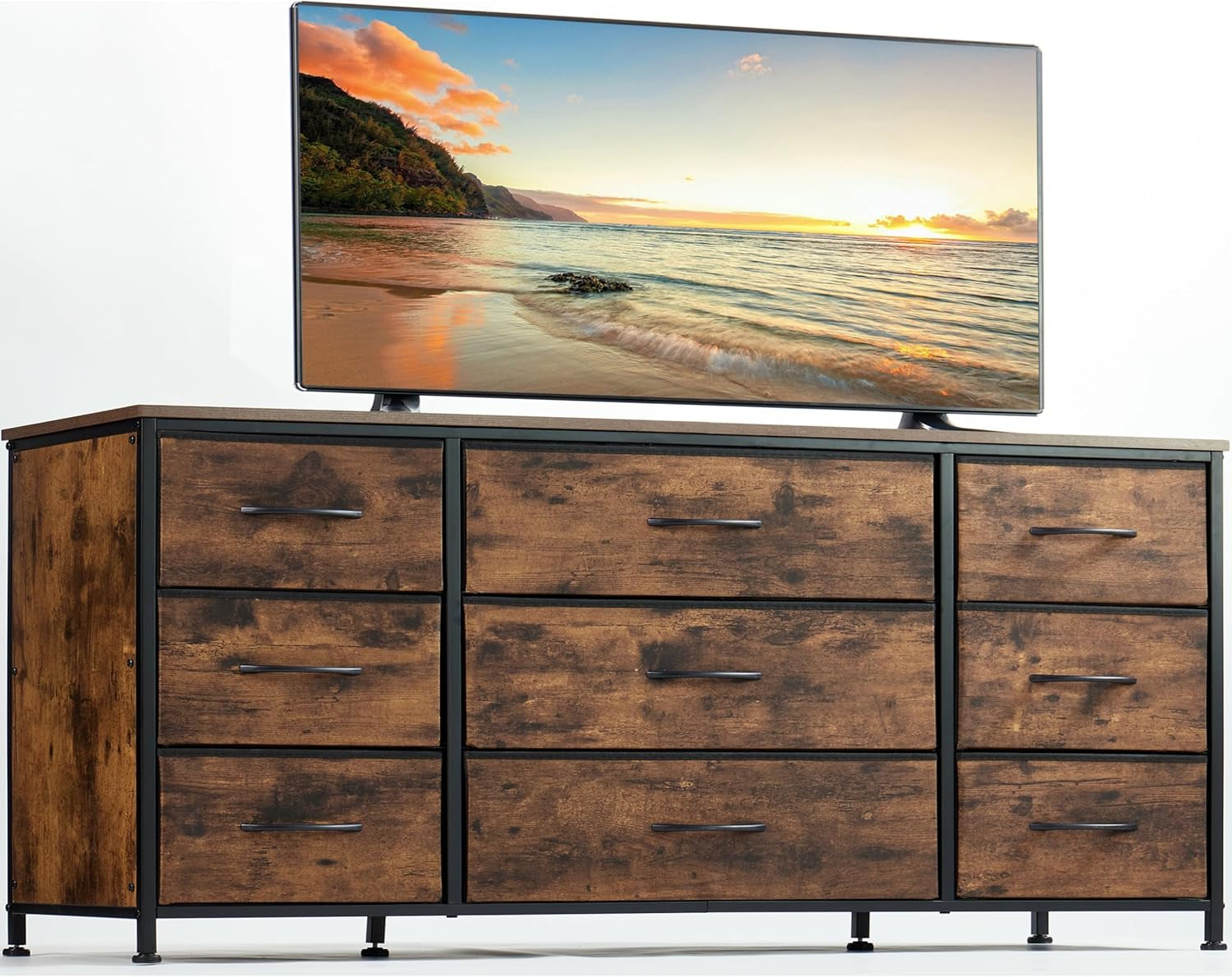 Dresser, Dresser for Bedroom with 9 Drawers, Wide Dresser TV Stand for 55” TV Stand for Bedroom Dresser Long Dressers & Chests of Drawers, Metal Frame&Wood Top, Closet, Hallway, Rustic Brown-0