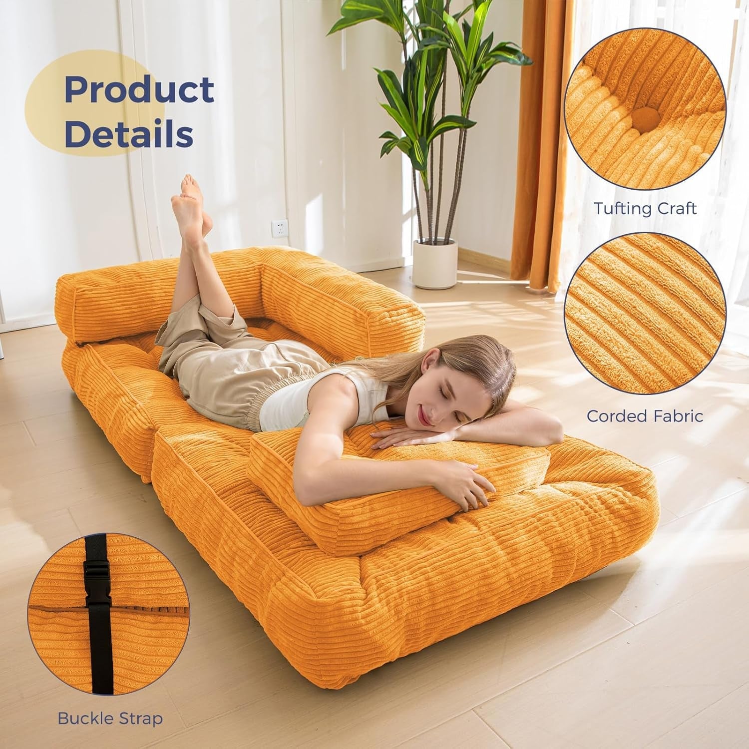 Folding Sofa Bed, L-Shaped Convertible Sofa Bed with Armrest Foldable Sleeper Sofa with Pillow, Portable Fold Out Chair Bed Comfy Floor Sofa Lounge for Living Room Bedroom, Orange-4