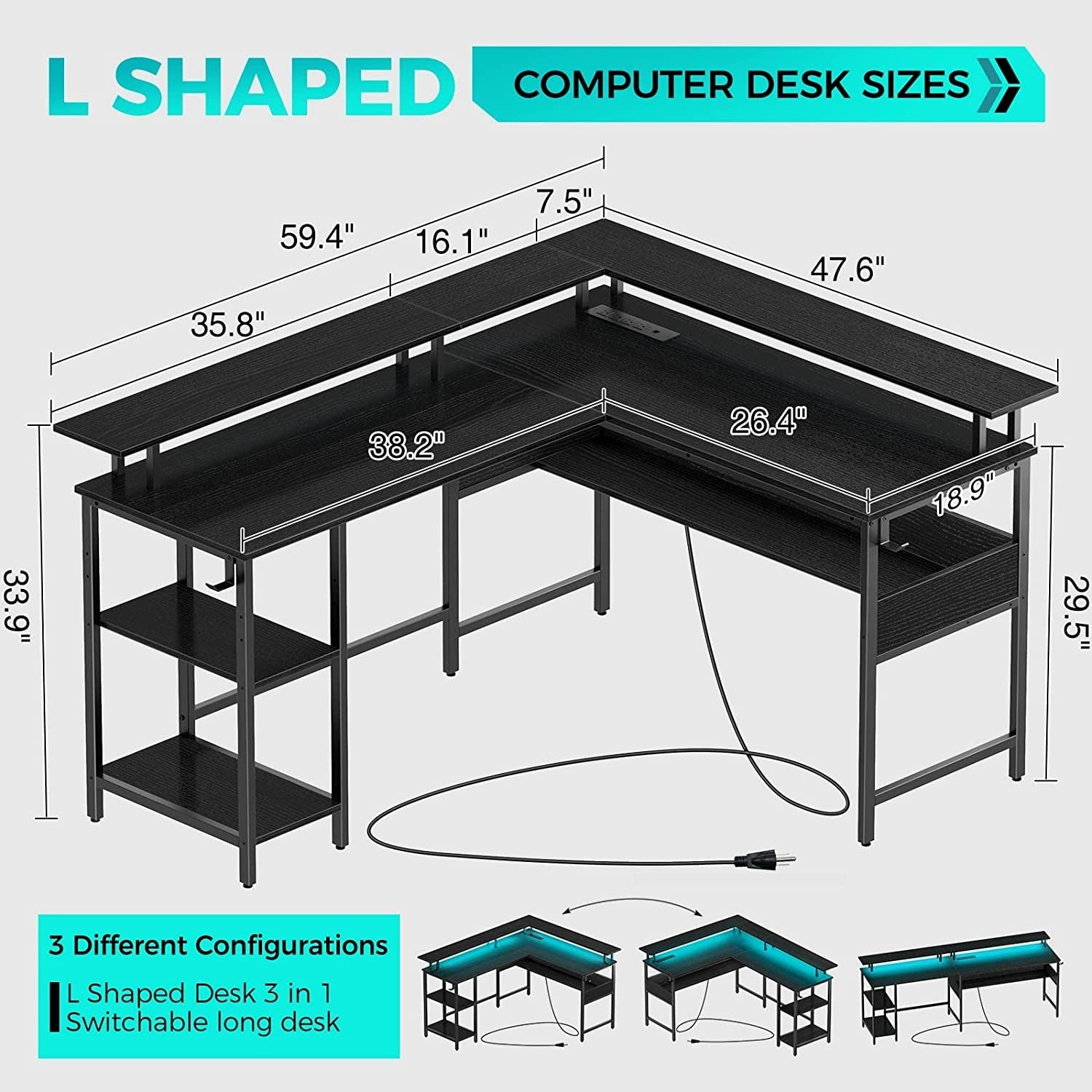 L-Shaped Computer Desk with LED Strip, Black-2